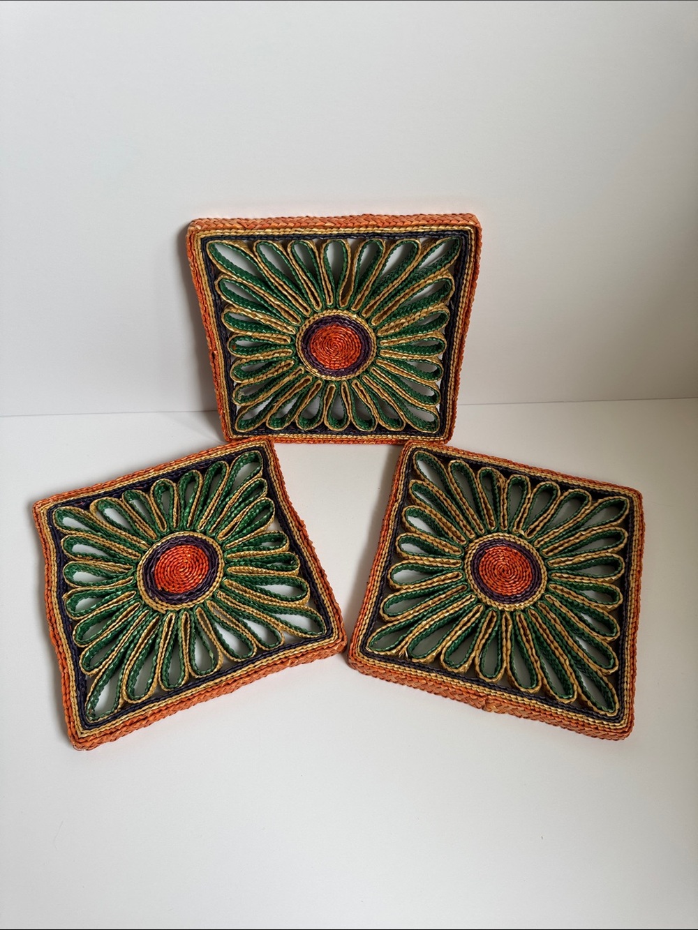 Set of 3 Handwoven Raffia Straw Trivets Sunflower Floral Hot Pads Boho Decor